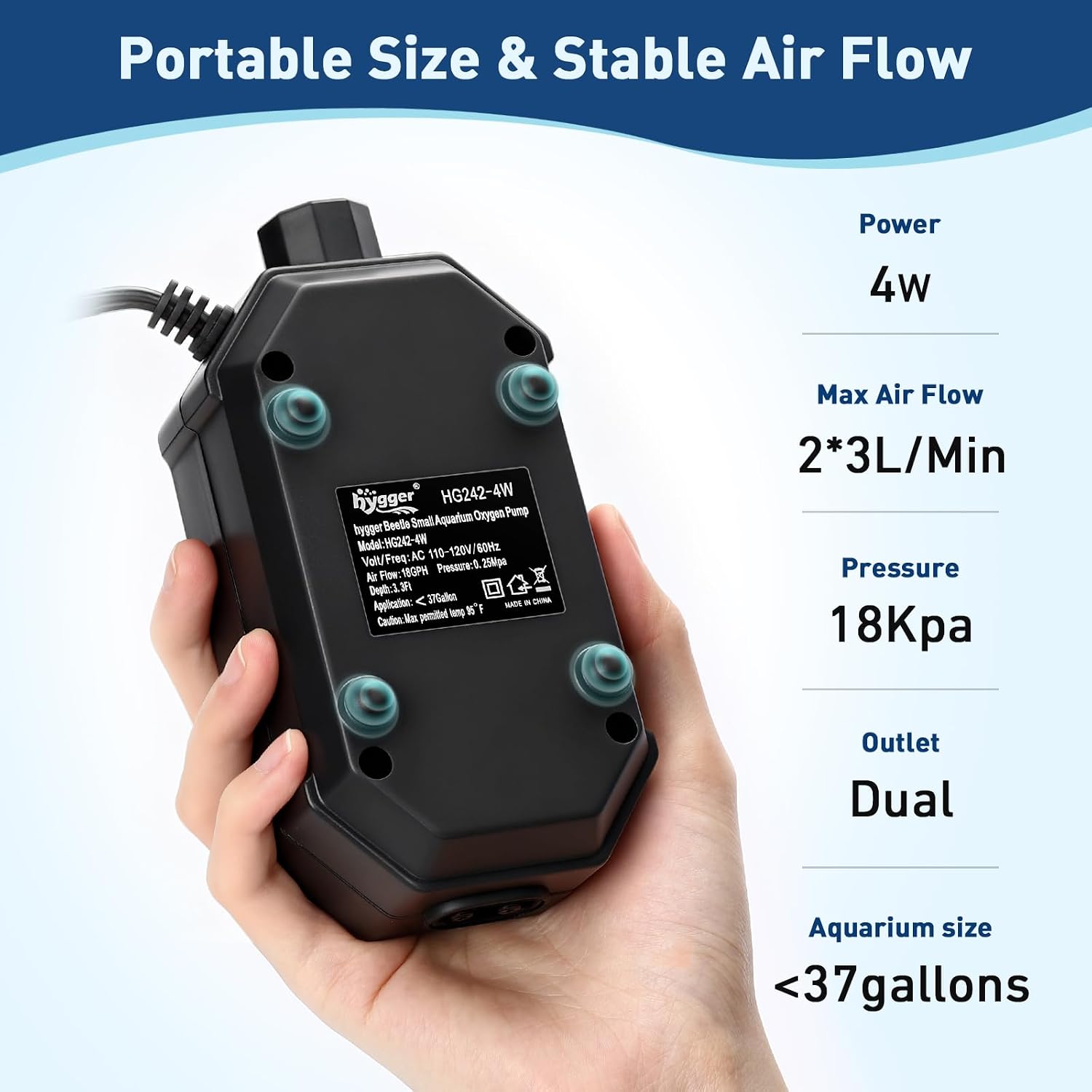 Aquarium Air Pump, Ultra Quiet Oxygen Aerator with Air Stone Airline Tubing Check Valve, Aquarium Fish Tank Air