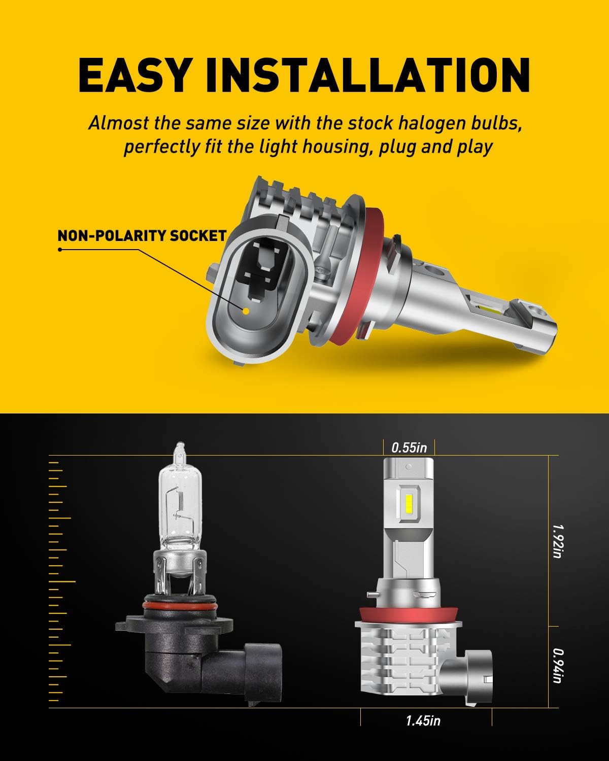 H11 H8 LED Fog Light Bulb Fanless, 40W 6000LM High Brightness, 6500K Cool White, CSP LED Chips, H16 H11 H8 Fog Bulbs