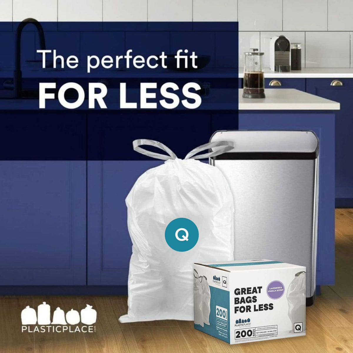 White Drawstring Lavender and Soft Vanilla Scented Garbage Can Liners │ Compatible with Code Q (200 Count) │ 13-17
