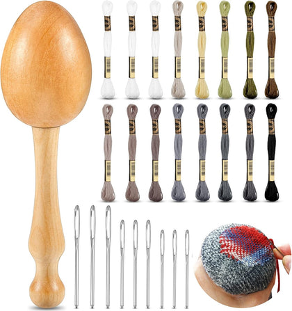 Darning Egg for Socks Wooden Darning Supplies Knit Patch Kit with 9 Large Eye Needles 16 Colors Sewing Threads for