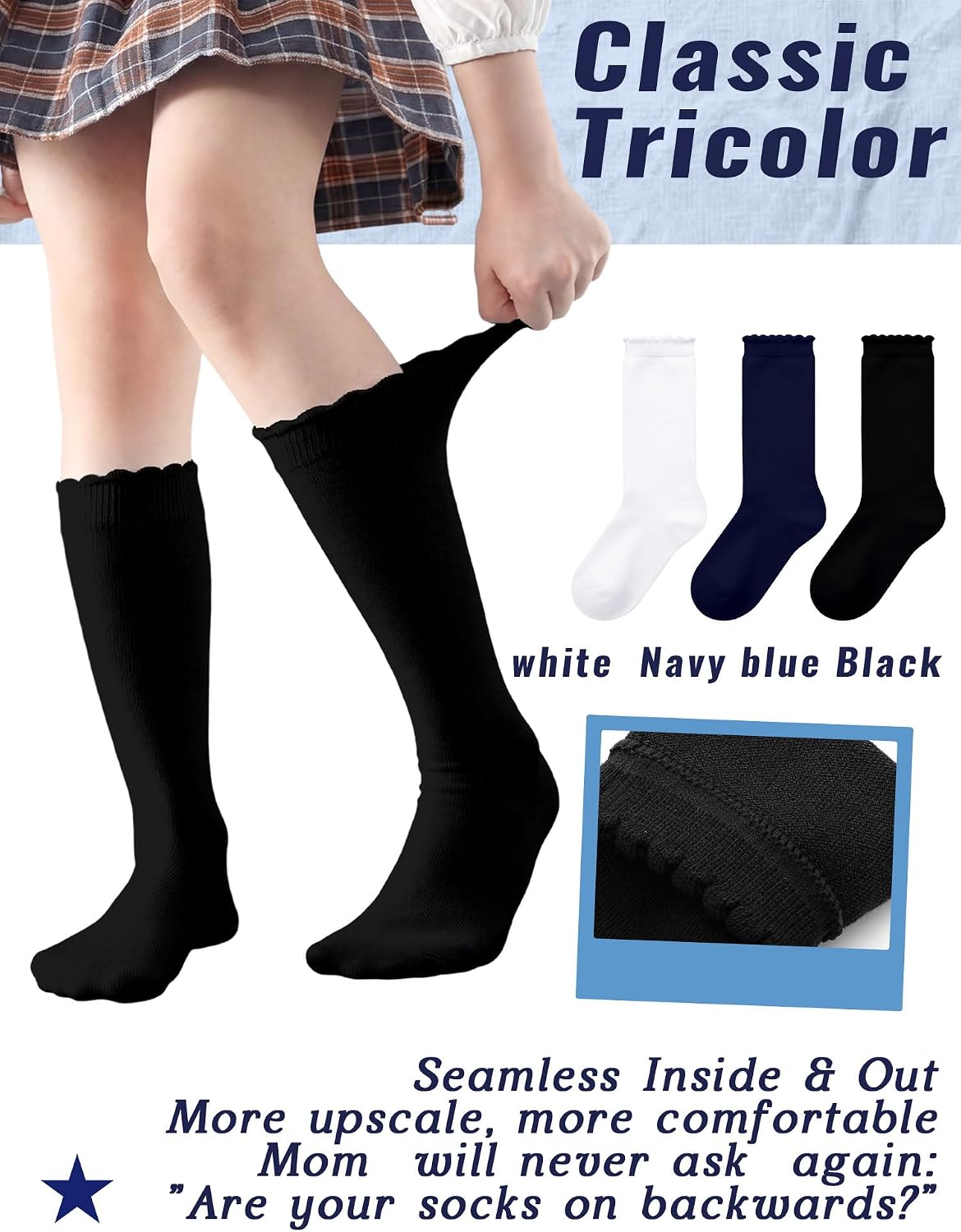 6 Pack Ruffle Knee High Socks School Uniform Dress Scallop Socks Seamless Cotton for Girls Black White Navy Blue