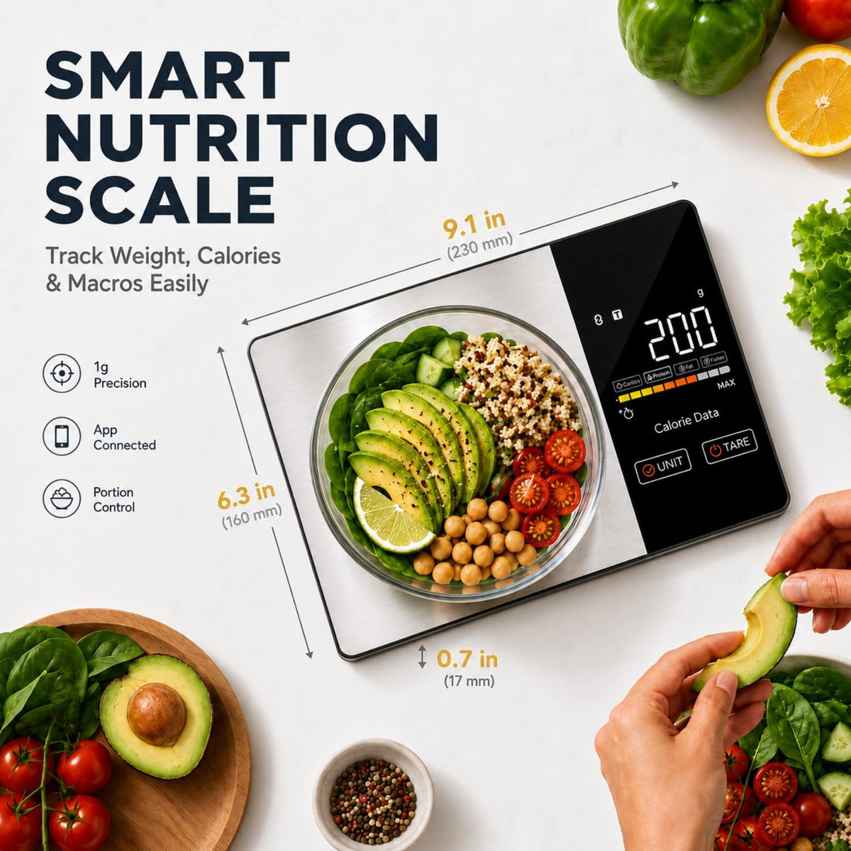 Smart Nutrition Food Scale with App - 1g Precision Digital Kitchen Scale, Tracks Calories & 24 Nutrients, Macros, Fat