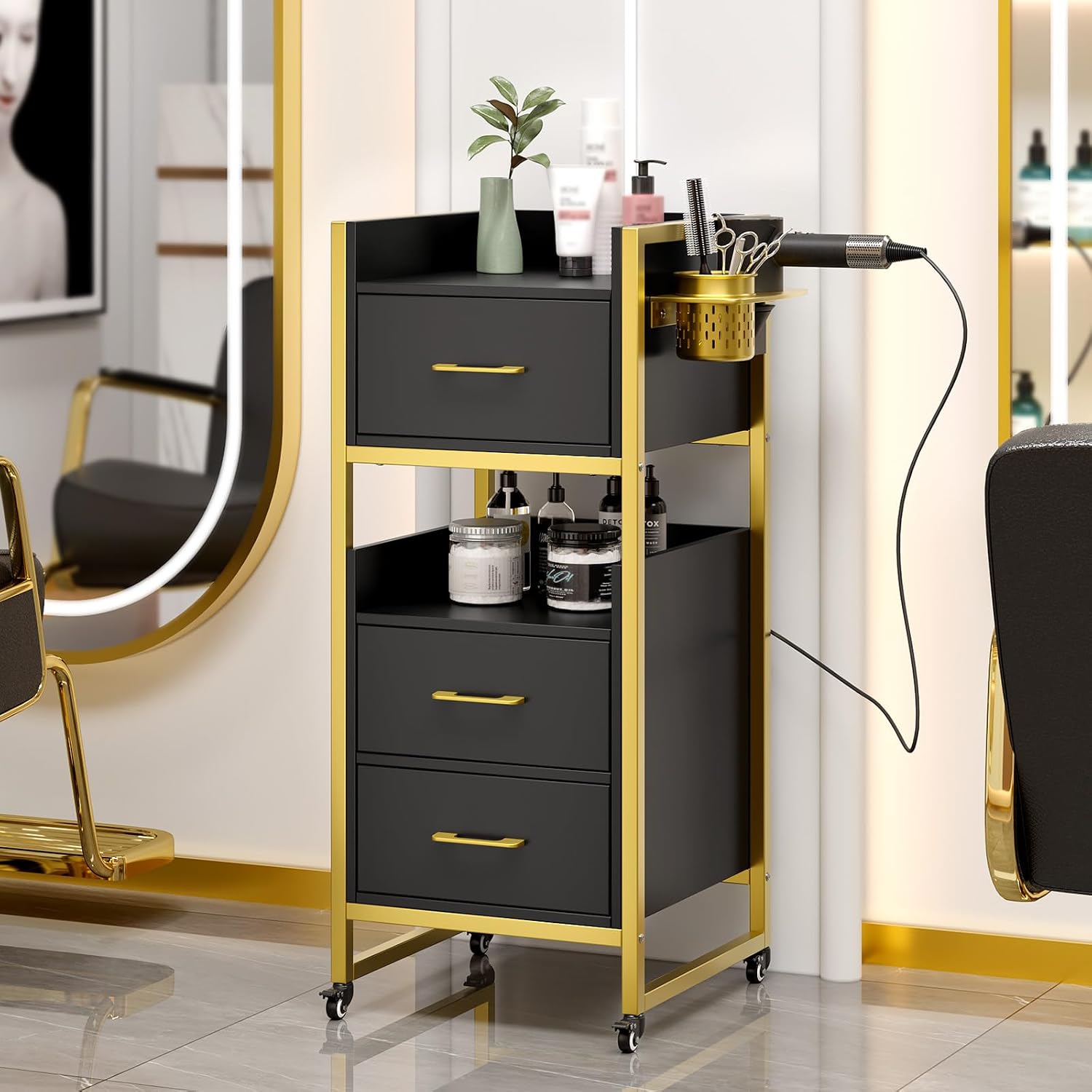 Salon Trolley Cart, Hair Styling Station with 3 Drawers, 2 Open Shelf & Tool Holders, Mobile Barber Storage Cabinet