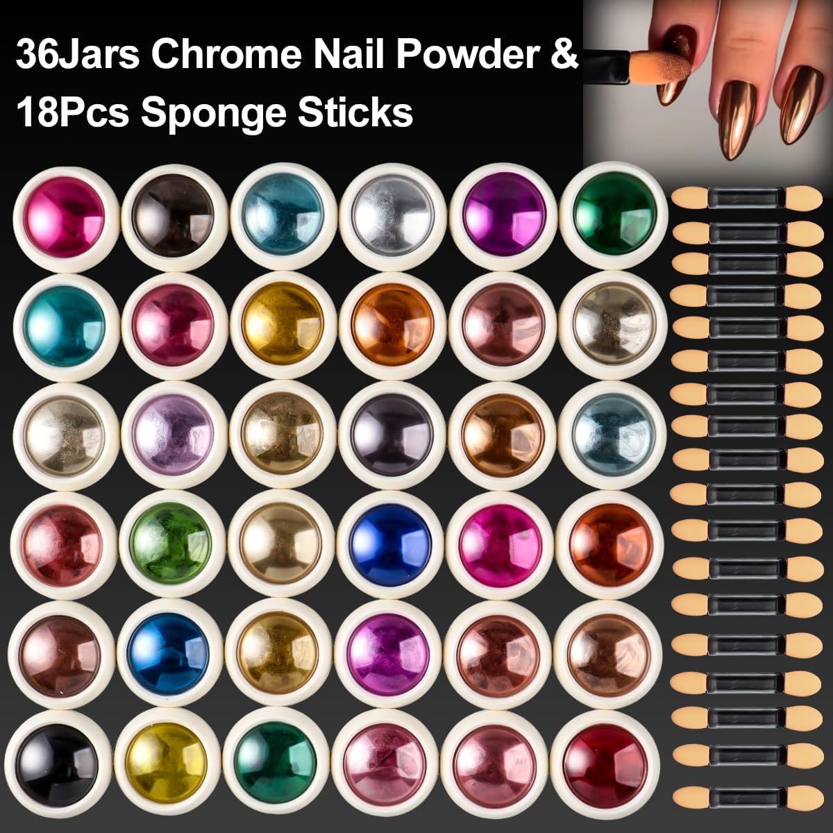 36 Jars Chrome Nail Powder Kit, Metallic Mirror Chrome Powder