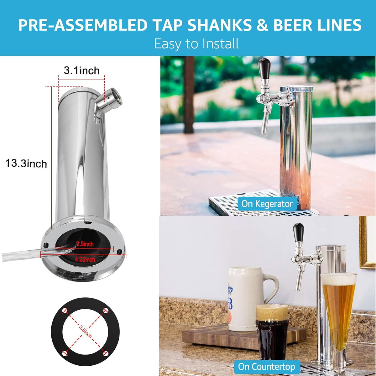 Adjustable Kegerator Beer Tower, Single Tap Tower Keg Tower for Homebrew