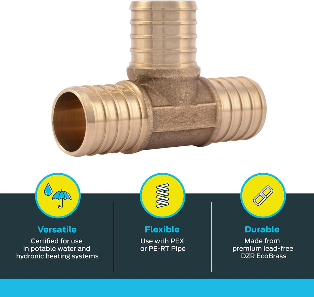 SharkBite 1 Inch Crimp Tee, Brass Plumbing Fitting, PEX Pipe, PE-RT, UC374LFA