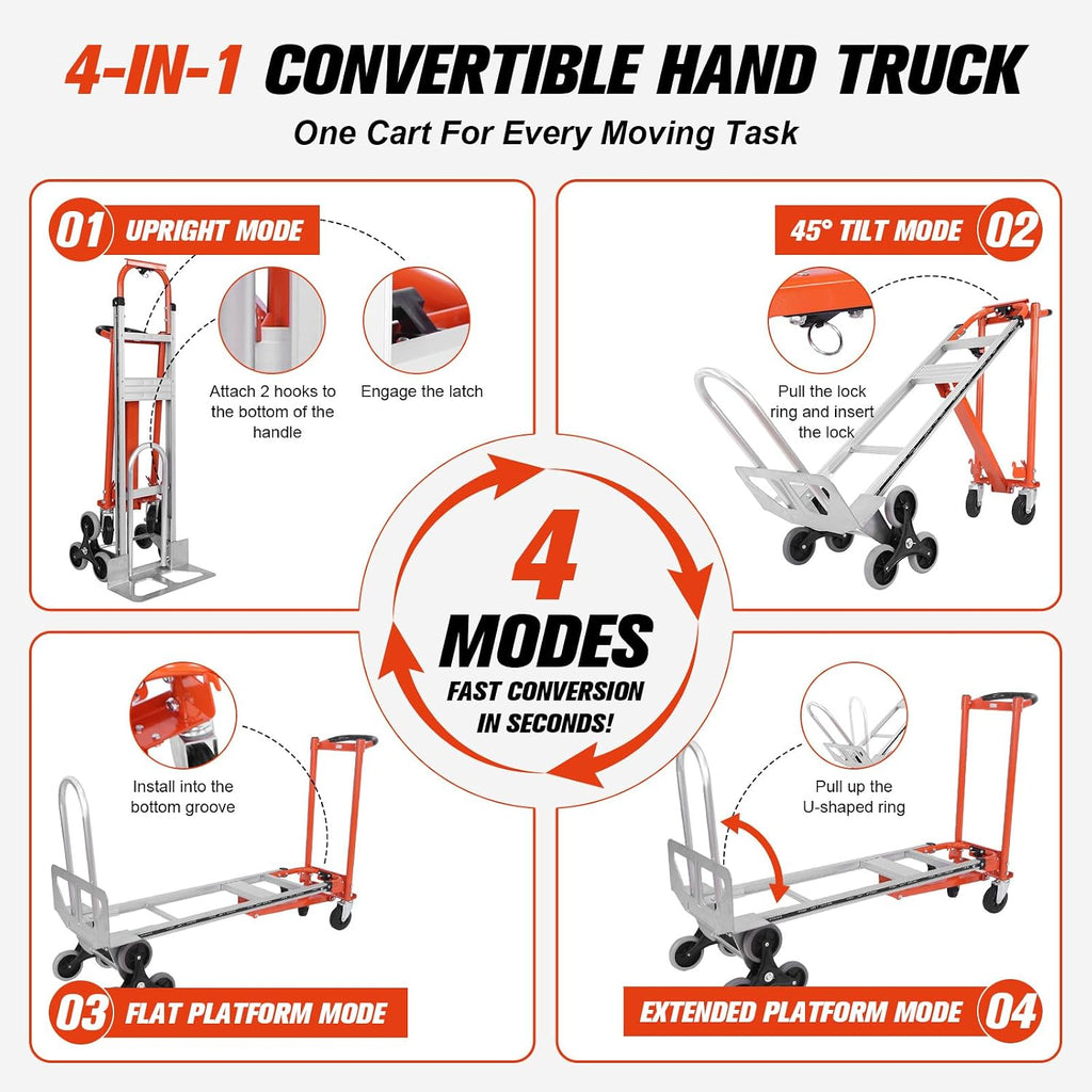 4-in-1 Convertible Stair Climbing Hand Truck, 1000LBS Heavy Duty Dolly Cart, Reinforced Aluminum Stair Climbing Dolly