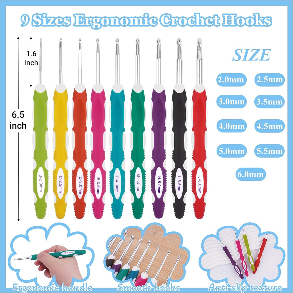 23 Sizes Crochet Hooks Set with Case | 2mm-10mm Ergonomic Crochet Needles for Arthritic Hands,Complete Crochet Kit