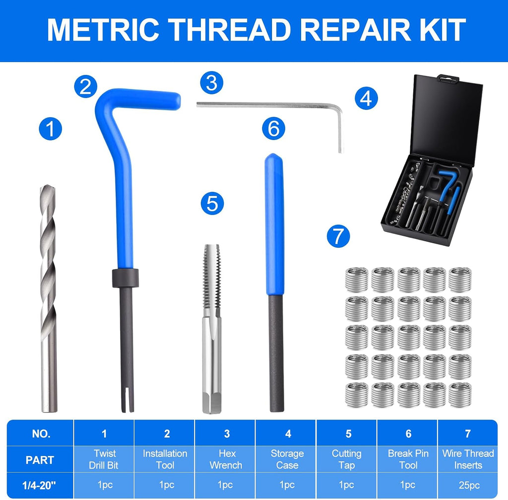 30PC SAE Helicoil Thread Repair Insert Kit， 1/4-20 inch Rethread