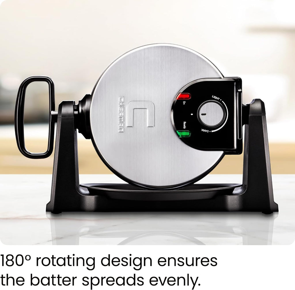 Rotating Belgian Waffle Maker, 180° Flip Iron w/ Non-Stick Plates, Adjustable Timer, Locking Lid, & Drip Plate, Space