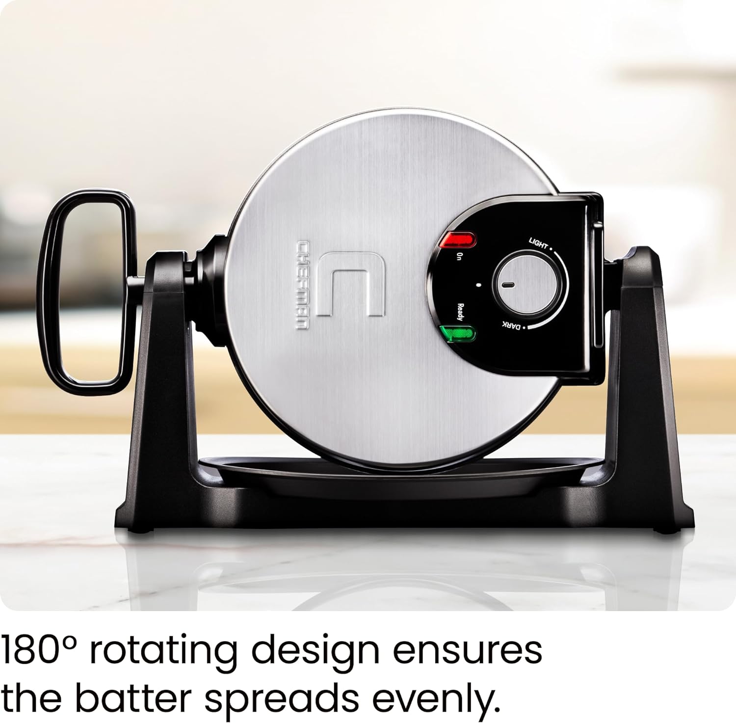 Rotating Belgian Waffle Maker, 180° Flip Iron w/ Non-Stick Plates, Adjustable Timer, Locking Lid, & Drip Plate, Space