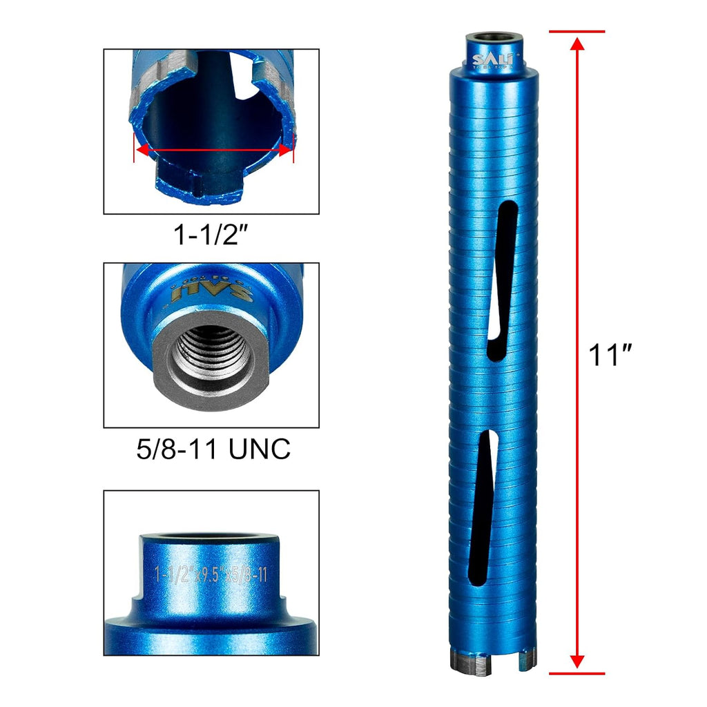 Diamond Core Drill Bits 1 1/2" Diameter 10"/254mm Drilling Depth 5/8-11" Thread Core Bit Turbo Laser-Welded Segments