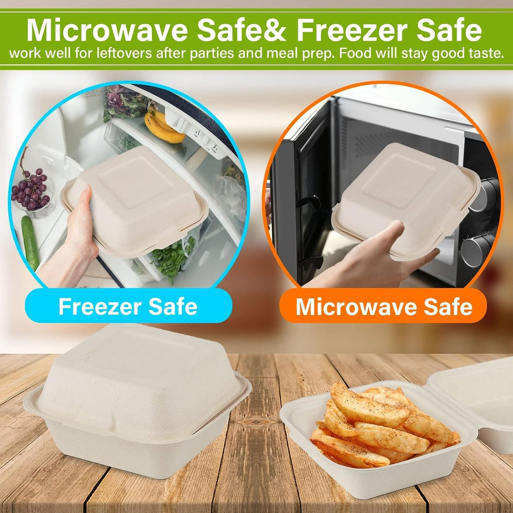 6x6 Compostable Clamshell Food Containers, 100 Pack, Bagasse