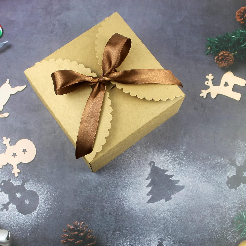 8x8x4 Kraft Gift Box with Lid and Ribbon, 6 Pack Foldable Boxes