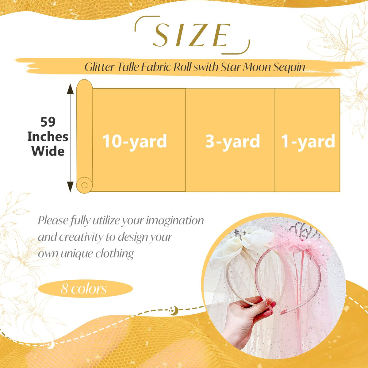 Gold Glitter Tulle Fabric Rolls with Silver Sequin, 1 Yard