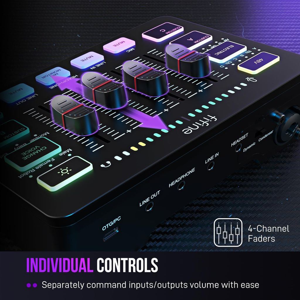 Gaming Audio Mixer, Streaming RGB PC Mixer with XLR Microphone Interface, Individual Control, Volume Fader, Mute