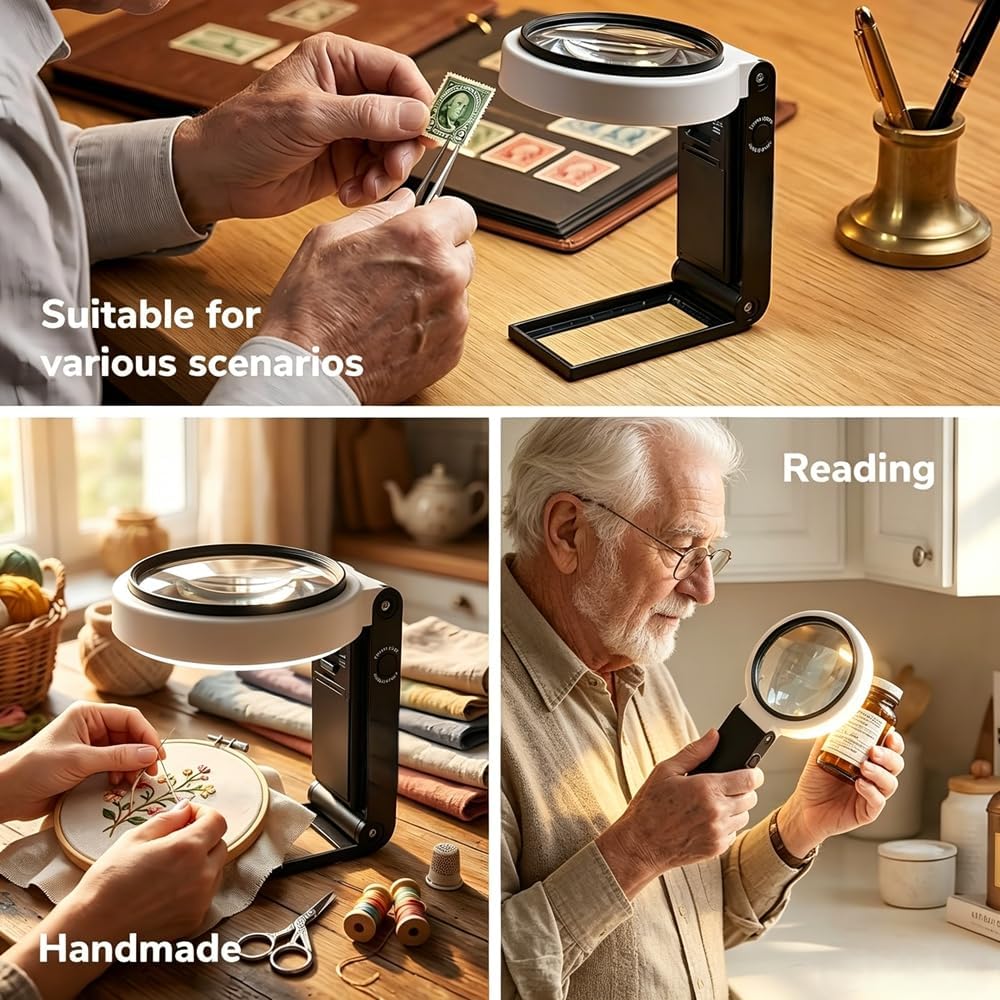 Handheld Magnifying Glass with LED Light with Stand, 10X and 25X Combined Magnification, Large Lens,Powered by