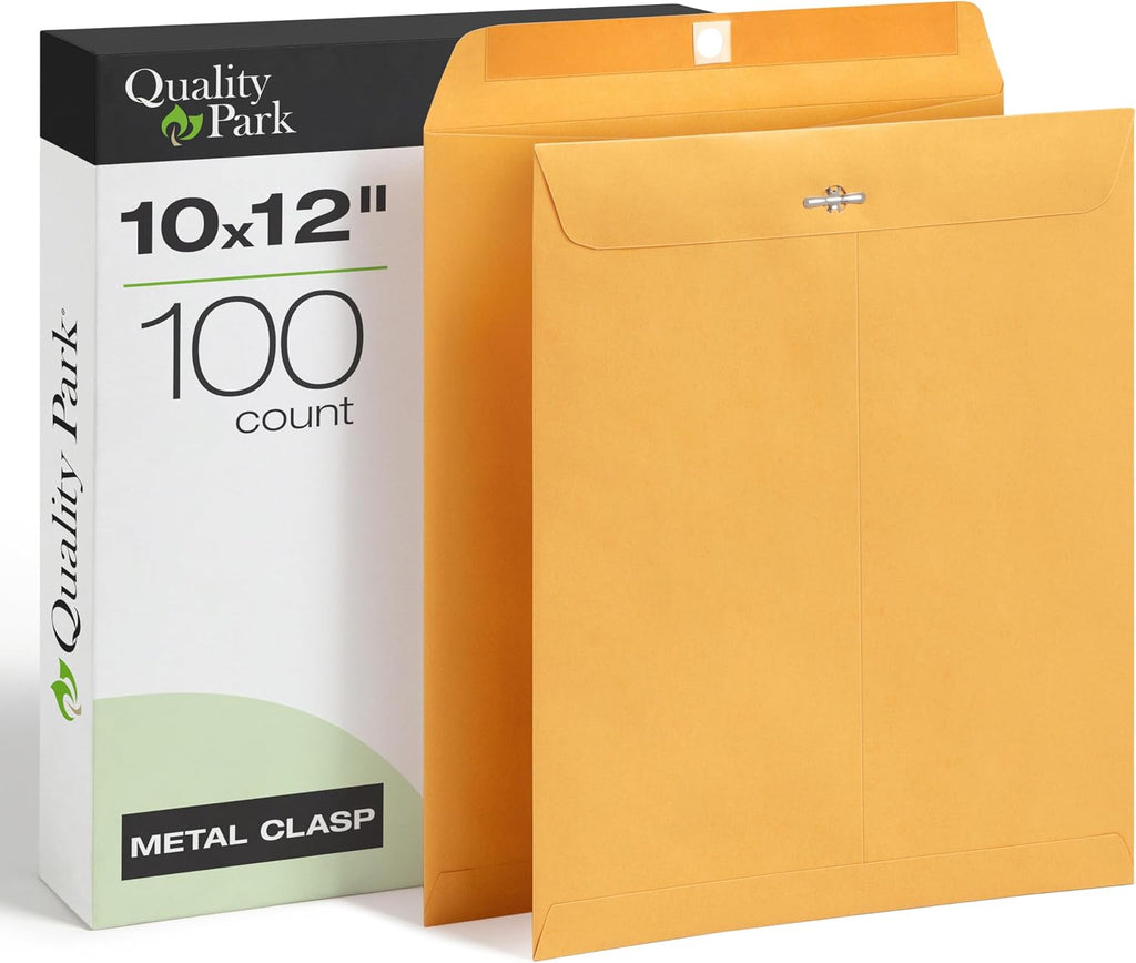 10 x 12 Clasp Envelopes, 100 Pack, Document Envelopes with Gummed Flap, Heavyweight 28 lb Paper with Reinforced Holes
