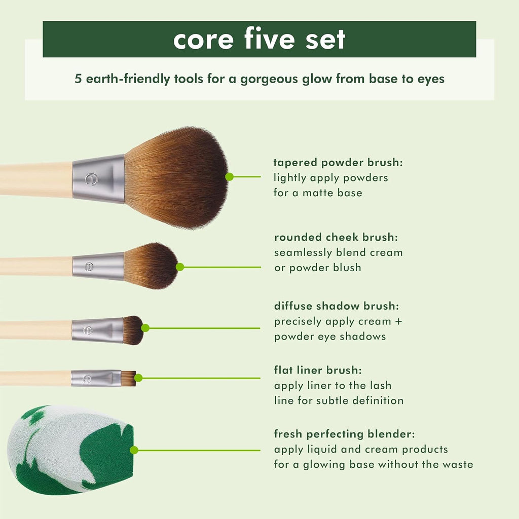 Core Five Makeup Brush and Blending Sponge Kit, 5 Piece Set | Natural makeup made easy with a makeup brush set with