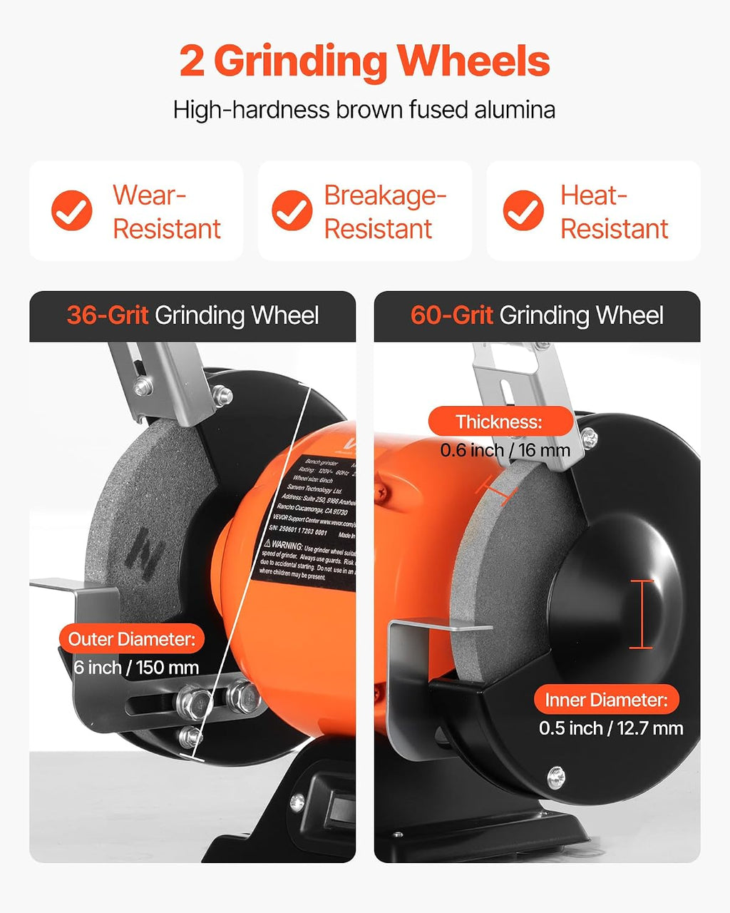 Bench Grinder, 6-inch Single Speed Bench Grinder, 1750RPM Low-Speed Table Grinders with 250W 2A Induction Motor