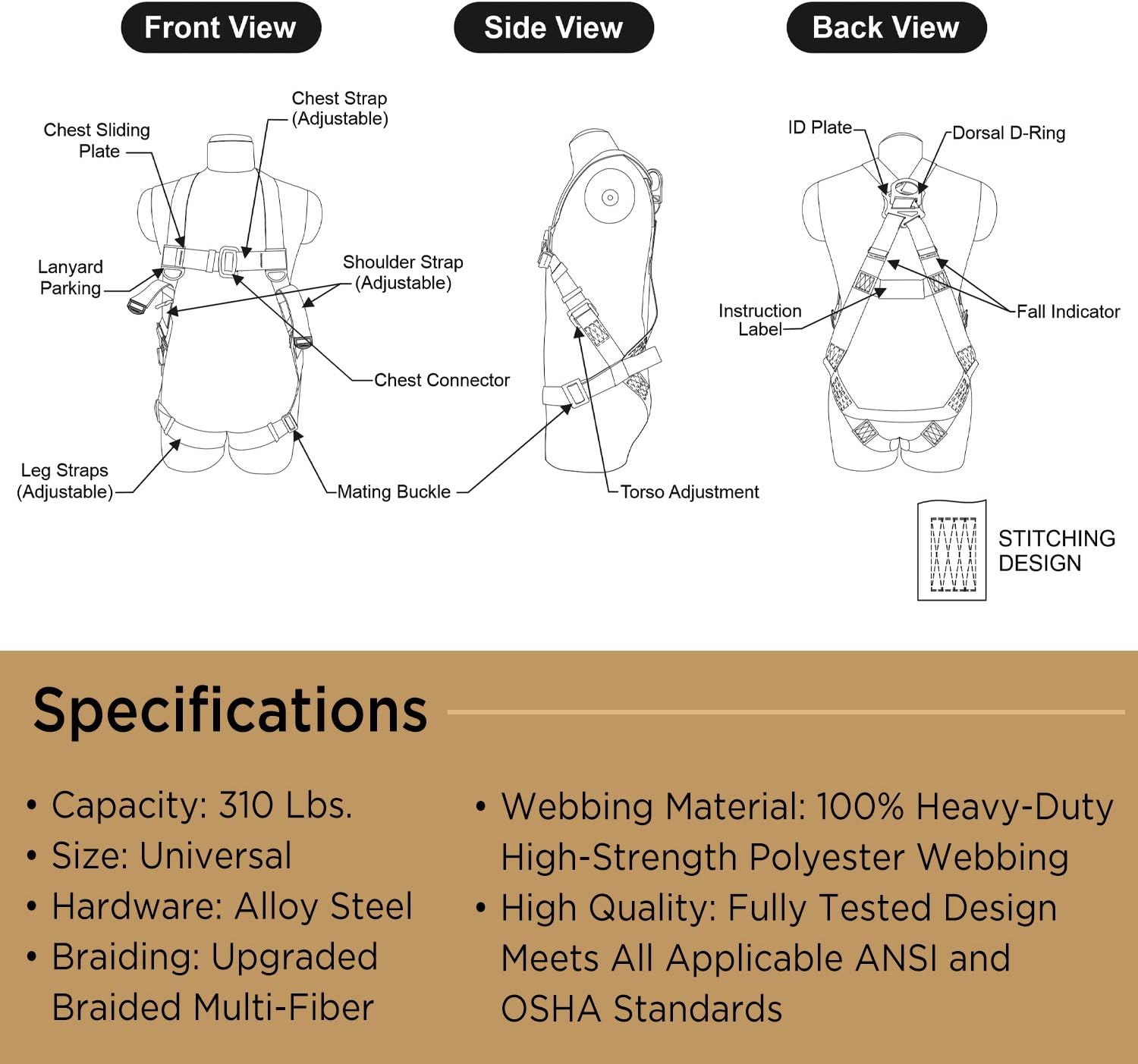 Universal Full-Body Fall Protection Safety Harness with Dorsal D-Ring and Mating Buckle Legs | Roofer, Construction