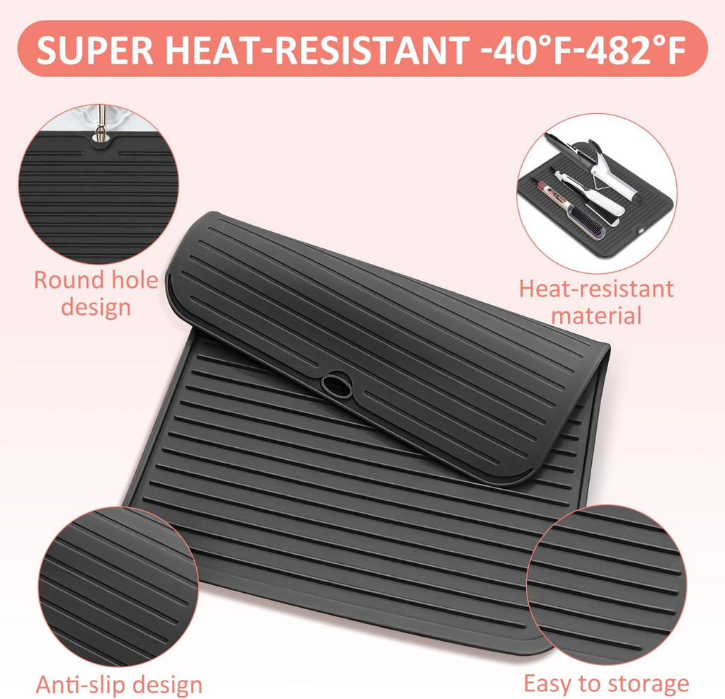 Large Heat Resistant Silicone Mat for Hair Tools: Curling Iron, Flat Iron, Hair Straightener - Portable Hair Styling