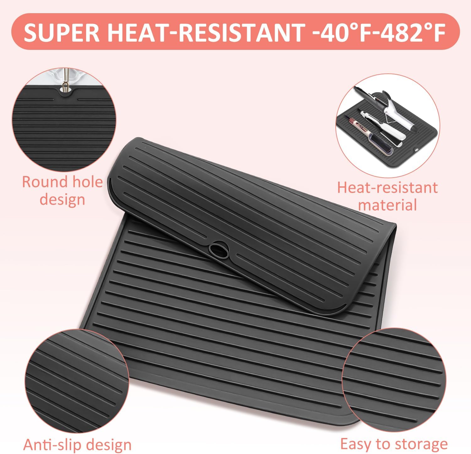 Large Heat Resistant Silicone Mat for Hair Tools: Curling Iron, Flat Iron, Hair Straightener - Portable Hair Styling