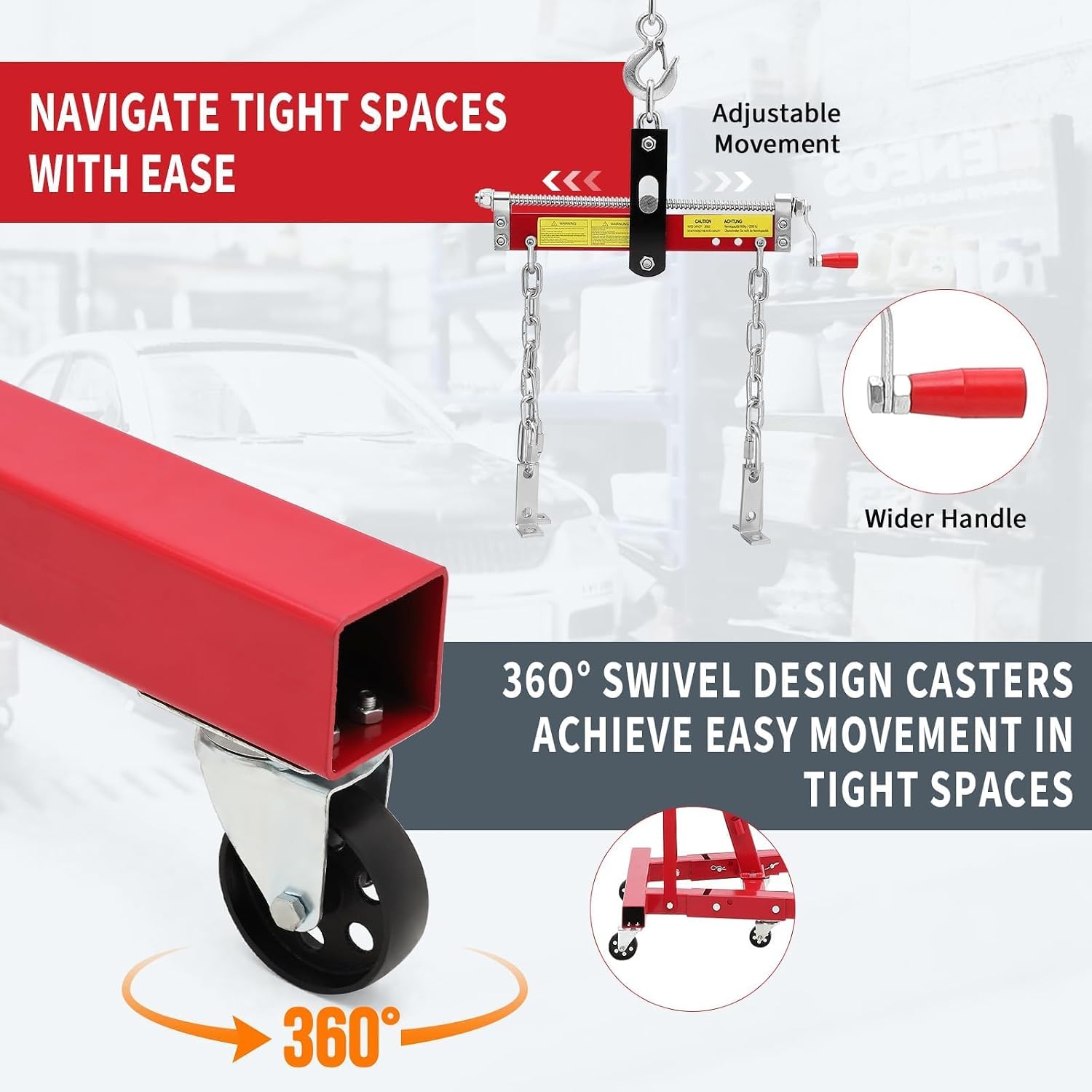 Red 2 Ton Folding Engine Hoist, 4400 Lbs Heavy Duty Cherry Picker with Leveler, Shop Crane with 6 Swivel Casters