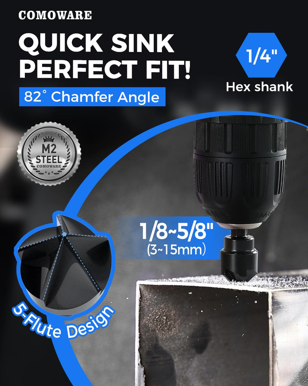 COMOWARE Threaded Rod Deburring Tool, External Chamfer Tool for Metal, Tungsten Carbide Chamfer Bit, Deburring Drill Bit, Remove Burr Tools Quick Release Shank Fits for 1/8"- 1-3/8"(3mm-35mm)