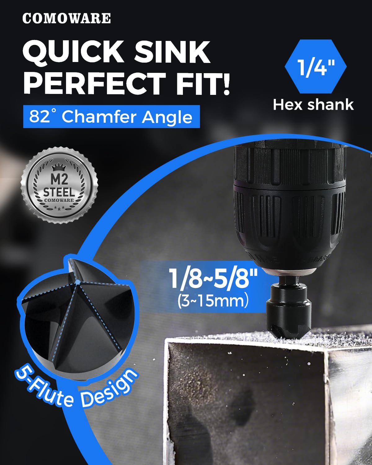 COMOWARE Threaded Rod Deburring Tool, External Chamfer Tool for Metal, Tungsten Carbide Chamfer Bit, Deburring Drill Bit, Remove Burr Tools Quick Release Shank Fits for 1/8"- 1-3/8"(3mm-35mm)