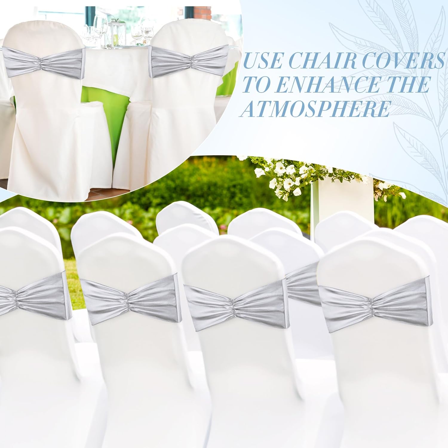 50 pcs Chair Sashes Shiny Bow Spandex Bands for Dining Chair Slipcover Wedding Banquet Parties Reception Restaurant