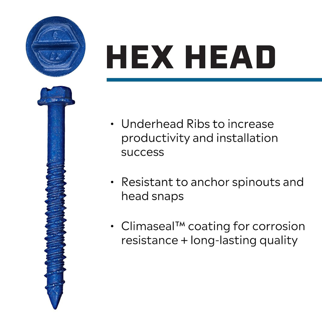 1/4 x 2-3/4" Hex Head Blue Climaseal Concrete Screws, 75 PCS