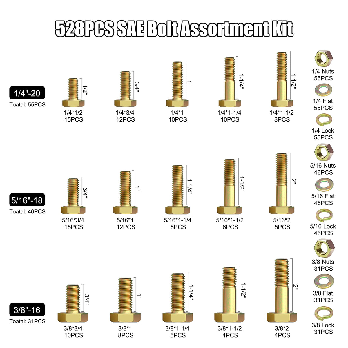 528Pcs Grade 8 Bolts and Nuts Assortment Kit, SAE Hex Bolt Hardware Set
