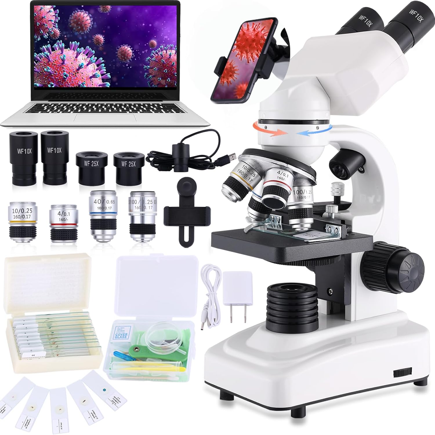 Compound Microscope，40X-2500X ，WF10x and WF25x eyepieces, Dual LED Lighting and Two-Layer Mechanical Stage，Microscope