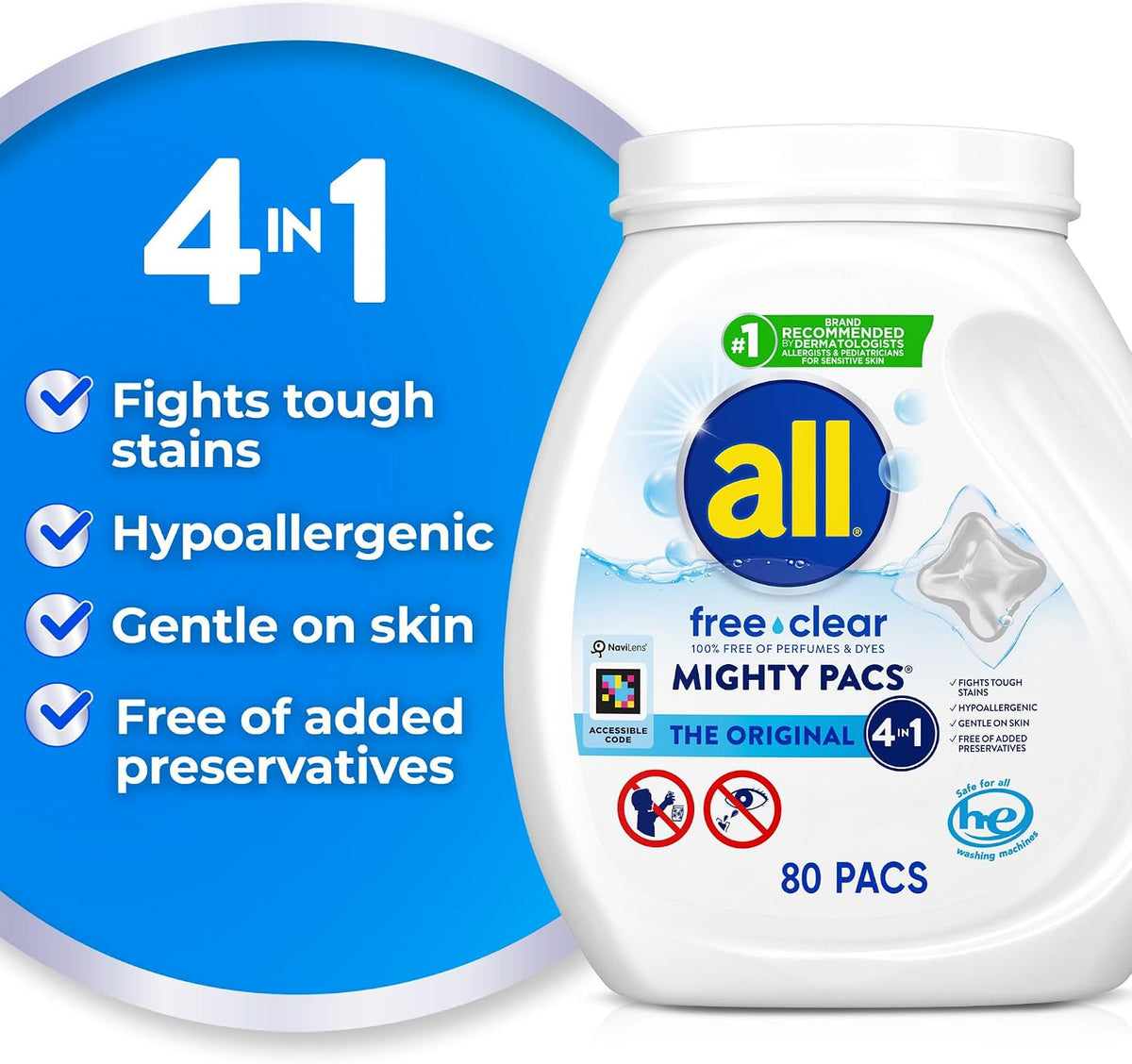 Unit Dose Laundry Detergent, Mighty Pacs, Free Clear, 80 Count