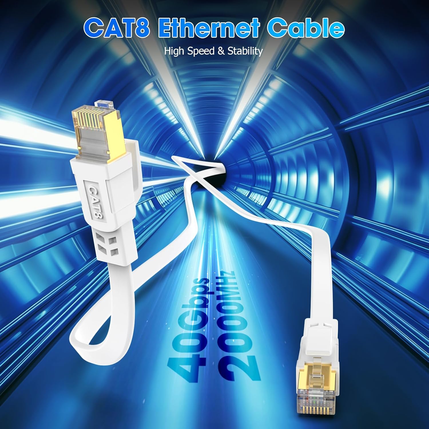Cat 8 Ethernet Cable 50 ft, 40Gbps 2000MHz RJ45 Flat Network LAN Cable | 6ft 10ft 15ft 20ft 25ft 30ft 35ft 40ft 60ft
