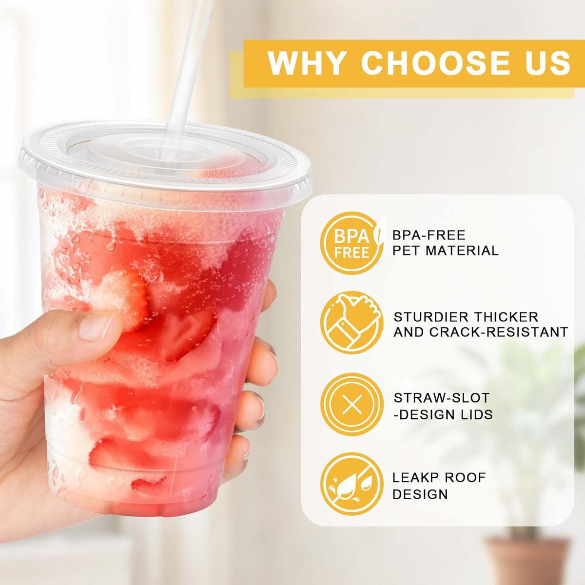 100 Pack 16 oz Disposable Clear Plastic Cups with Lids and Straws
