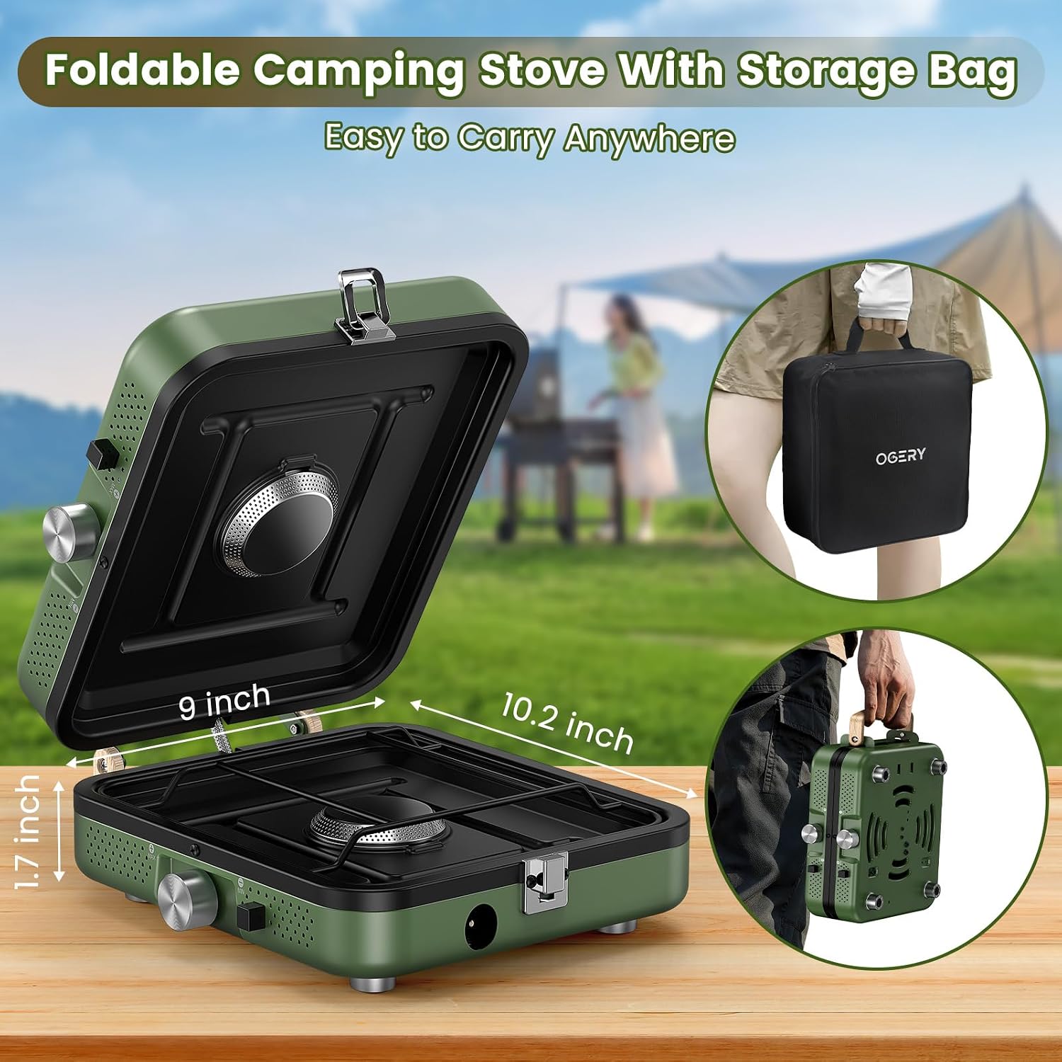 2-Burner Foldable Camping Stove with Griddle (Textured & Smooth) and Carrying Bag, Portable Propane Camp Stove with 2