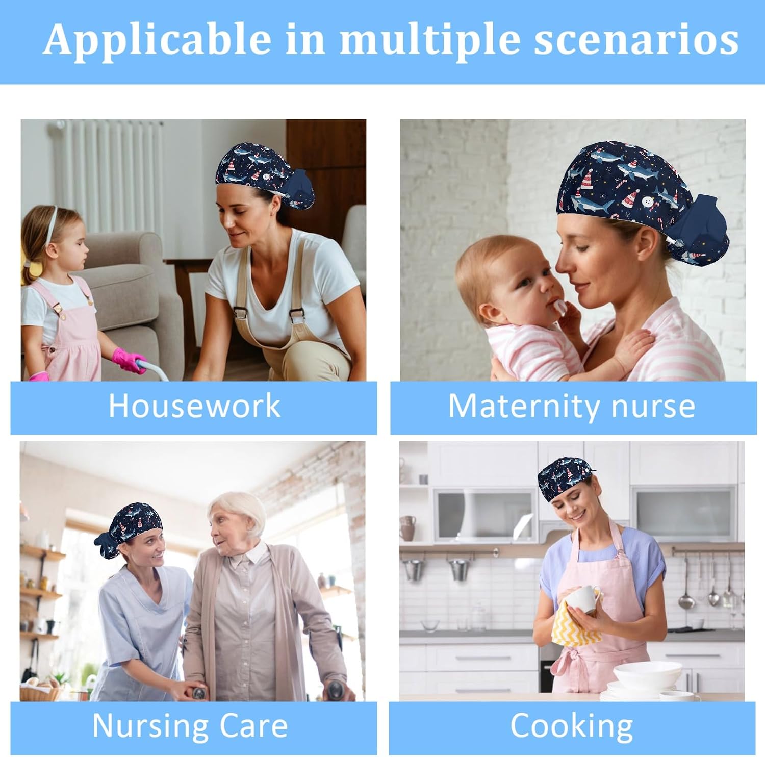 Scrub Caps Women Ponytail, Adjustable Surgical Caps with Buttons and Sweatband, Bouffant Hat with Hair Scrunchy