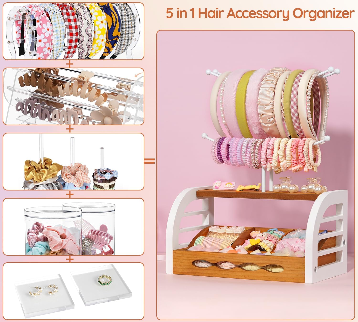 Headband Holder Stand, Hair Accessories Organizer with Dividers | Wood & Metal Tiered Storage Rack for Scrunchies