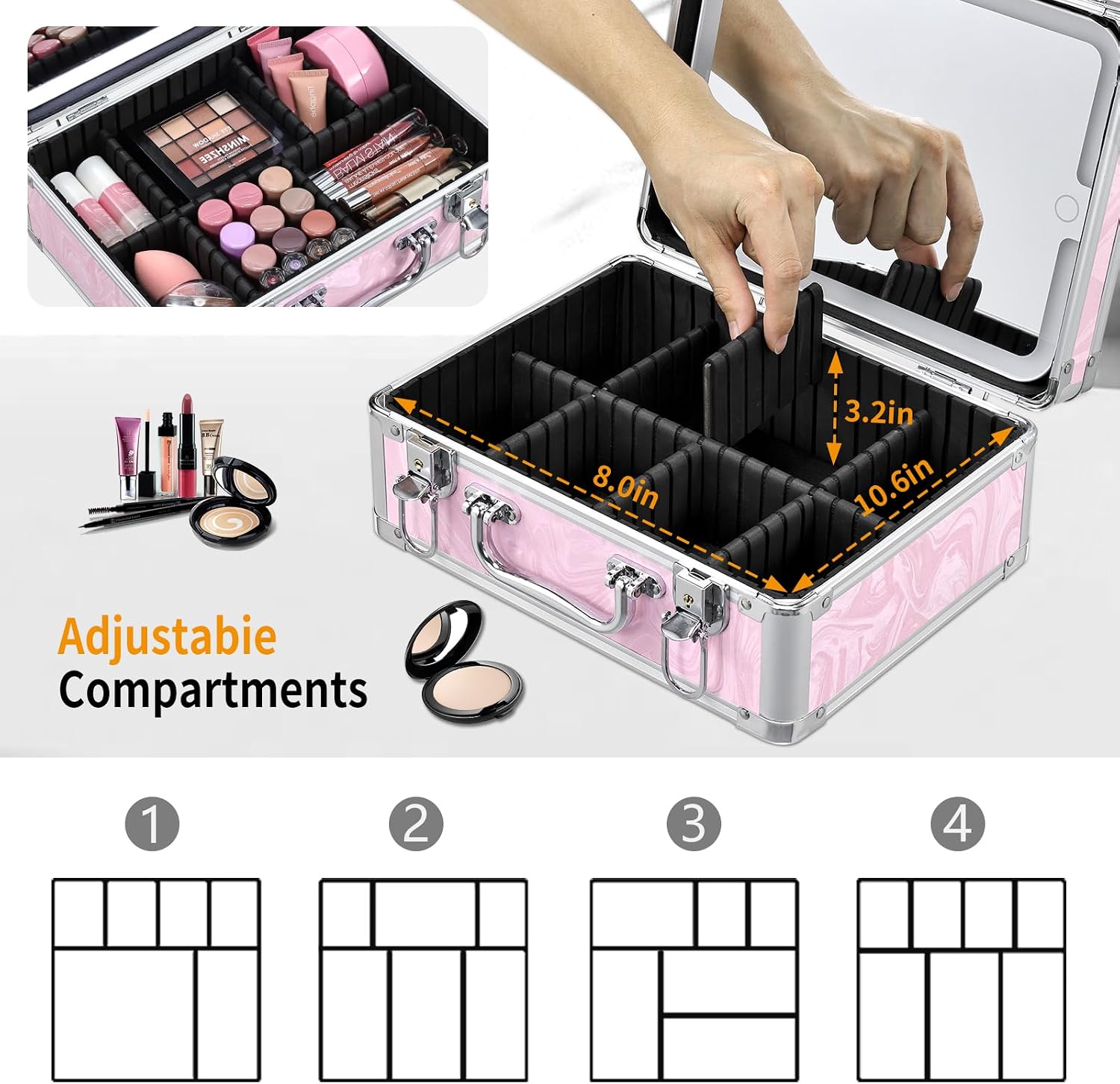 Makeup Case with LED Mirror - Pink Fluid-Color Makeup Box with Detachable Lighted Mirror, Travel Cosmetic Train Case