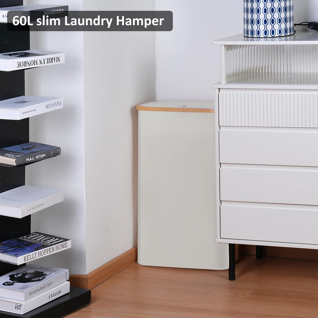 Slim Laundry Hamper,Narrow laundry Hamper with Lid,60L Hamper for Laundry,Dirty Cloth Hamper with Bamboo Handle for