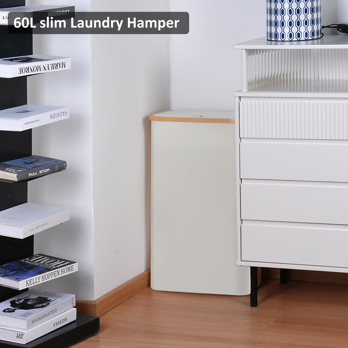Slim Laundry Hamper,Narrow laundry Hamper with Lid,60L Hamper for Laundry,Dirty Cloth Hamper with Bamboo Handle for