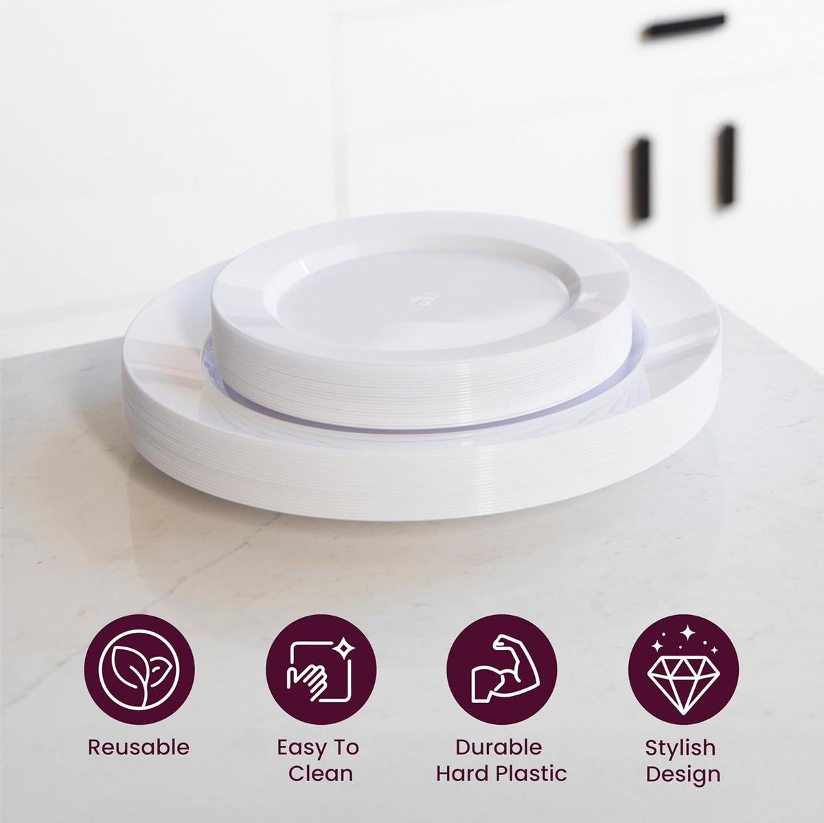[60 PACK] Round Plastic Plates for Party | White Disposable Plastic Plates