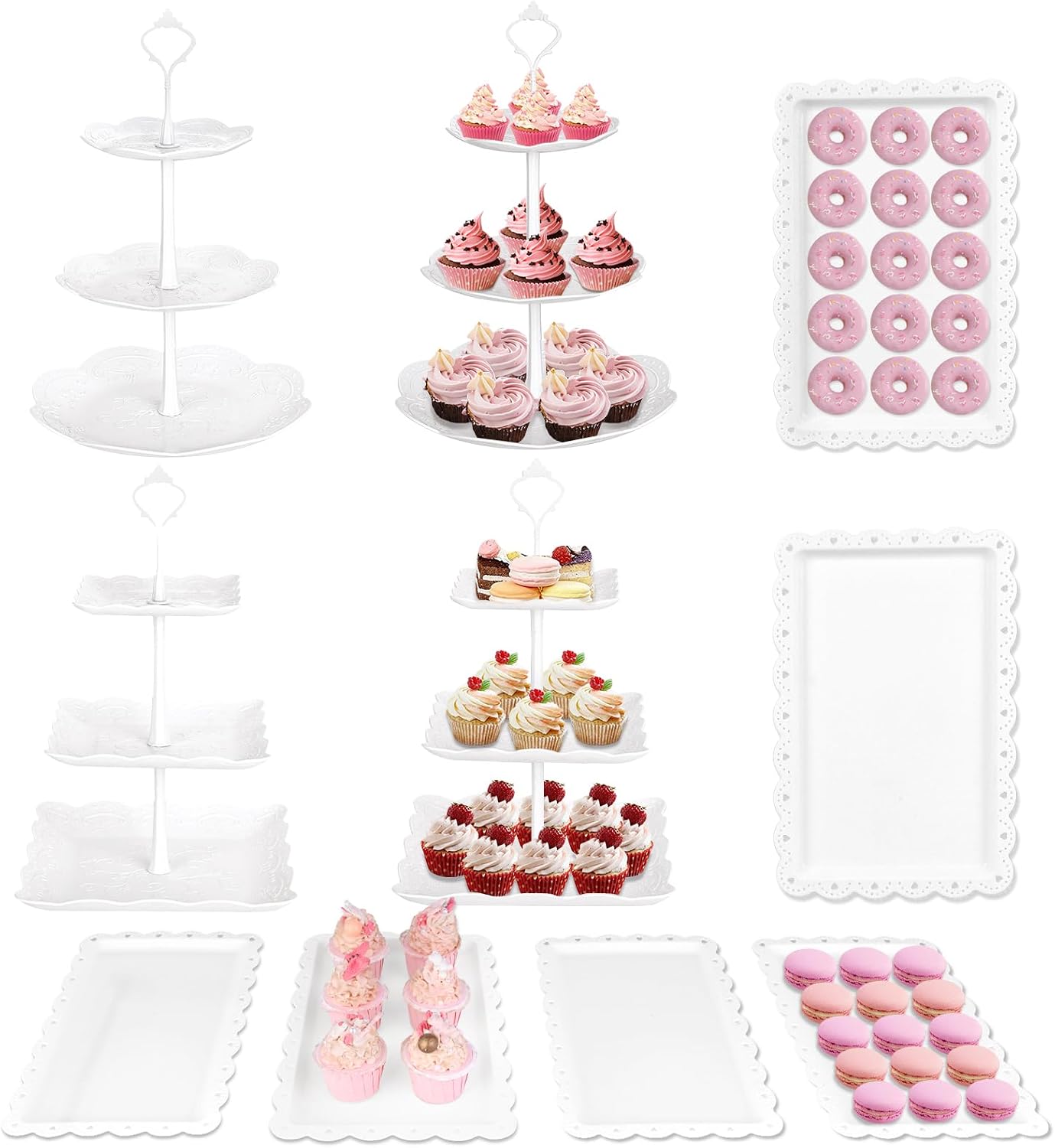 10Pcs Cupcake Stand,Dessert Table Display Set, 4 White 3 Tired Cake Stand 6 Plastic Serving Trays for Party Cookie