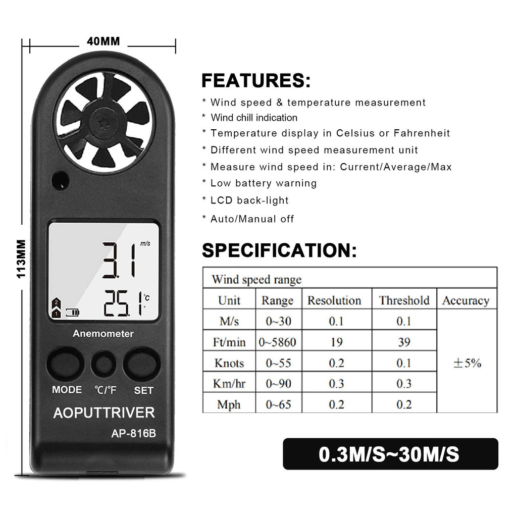 Anemometer Handheld, Air Flow Velocity Meter up to 67mph, Ultra-Light 53g