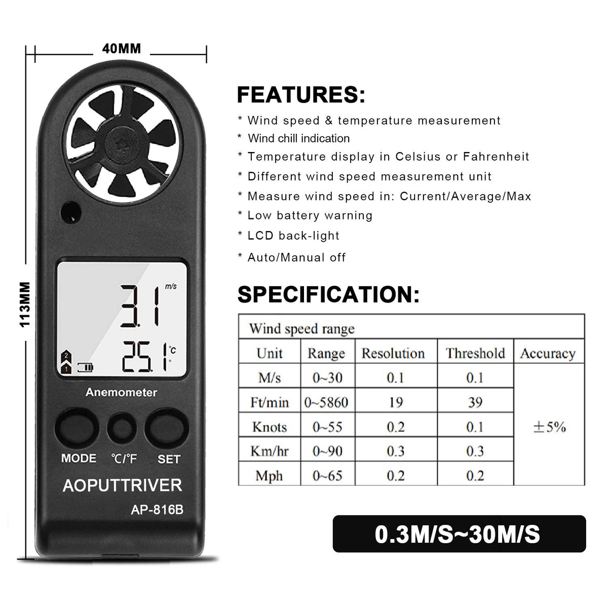 Anemometer Handheld, Air Flow Velocity Meter up to 67mph, Ultra-Light 53g