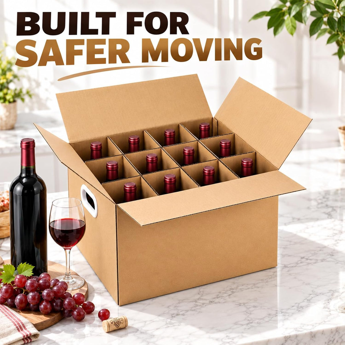 Wine Boxes for Moving, 4 Pack, 3-Ply B-Flute, 12 Compartments