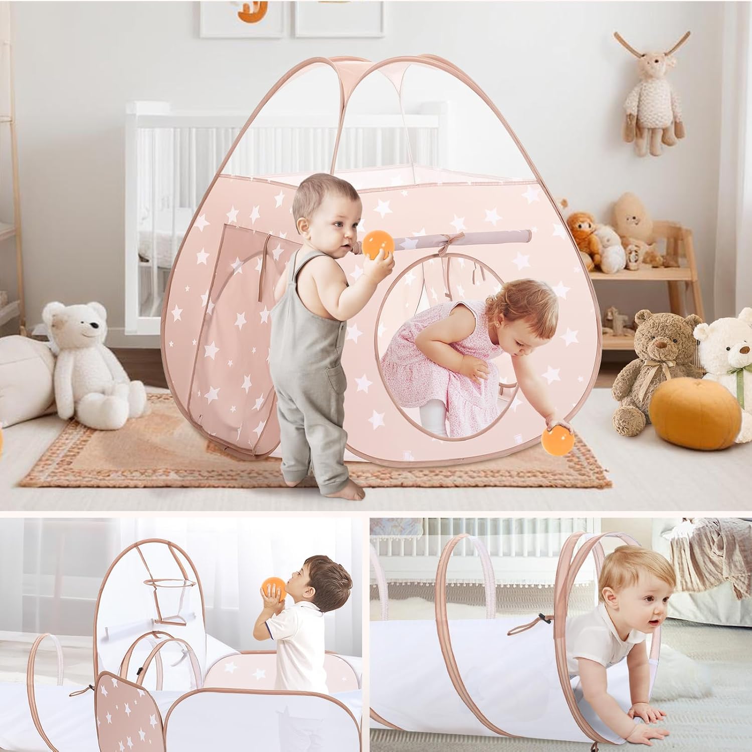3 in 1 Kids Play Tent with Play Tunnel and Ball Pit, Toddler Clibing Toys for Boys & Girls, Pop Up Playhouse Toys for