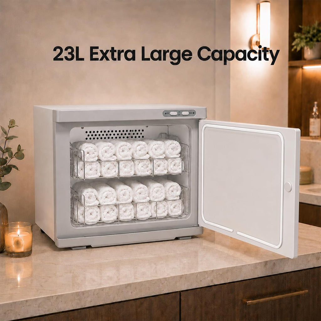 Premium Hot Towel Warmer, 23L Extra Large Capacity, Two Stainless Steel Racks, White